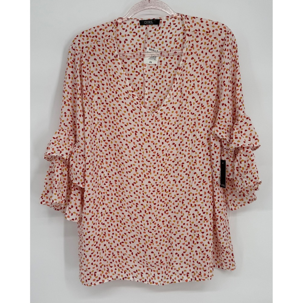 CURE Womens Blouse Orange Red Abstract Print Ruffle Bell Sleeve V-Neck Sz 2XL